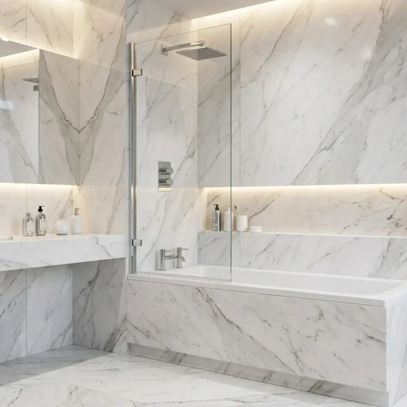 Square Top Hinged Bath Screen | 1500mm High | Easy Clean Toughened Safety Glass
