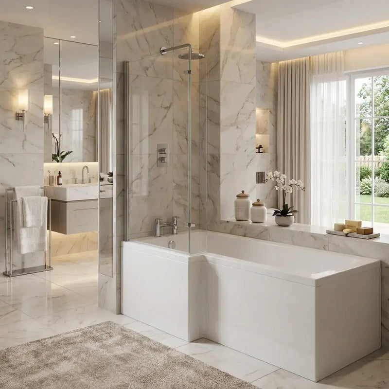 Star Buy L Shape Shower Bath 1700mm, inc Front Panel and Glass Screen - Left Hand / No