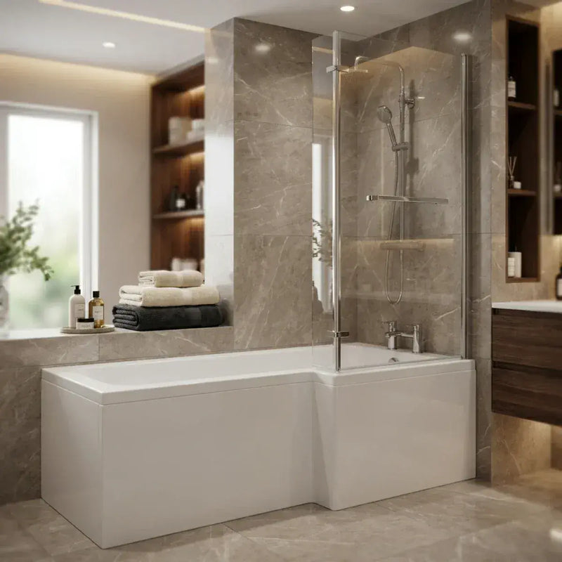 Star Buy L Shape Shower Bath 1700mm, inc Front Panel and Glass Screen - Left Hand / No