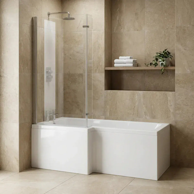 Star Buy L Shape Shower Bath 1700mm, inc Front Panel and Glass Screen - Right Hand / Yes