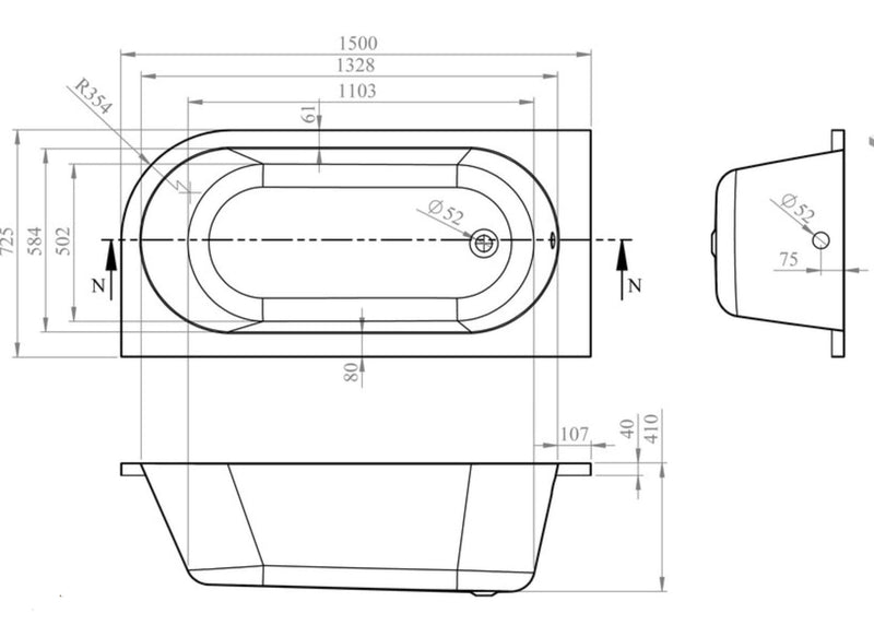 Swept Back To Wall Corner Bath, 1500mm x 725mm, Left or Right Handed, Optional Front Panel - No