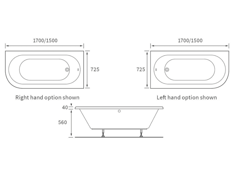 Swept Back To Wall Corner Bath, 1500mm x 725mm, Left or Right Handed, Optional Front Panel - Yes