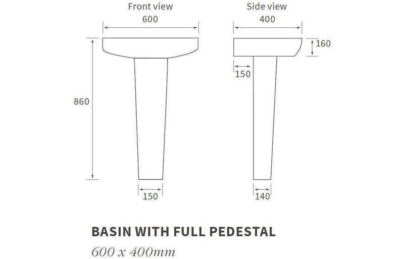 Vegar 600mm Basin With Full or Semi Pedestal - Full Pedestal