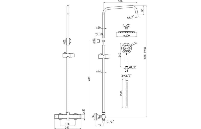 Velone Thermostatic Bar Mixer with Round Handset and Overhead Shower