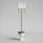 Victorian High Level Toilet with Pan, Brushed Brass Flushpipe, Cistern and Soft Close Seat - White Gloss