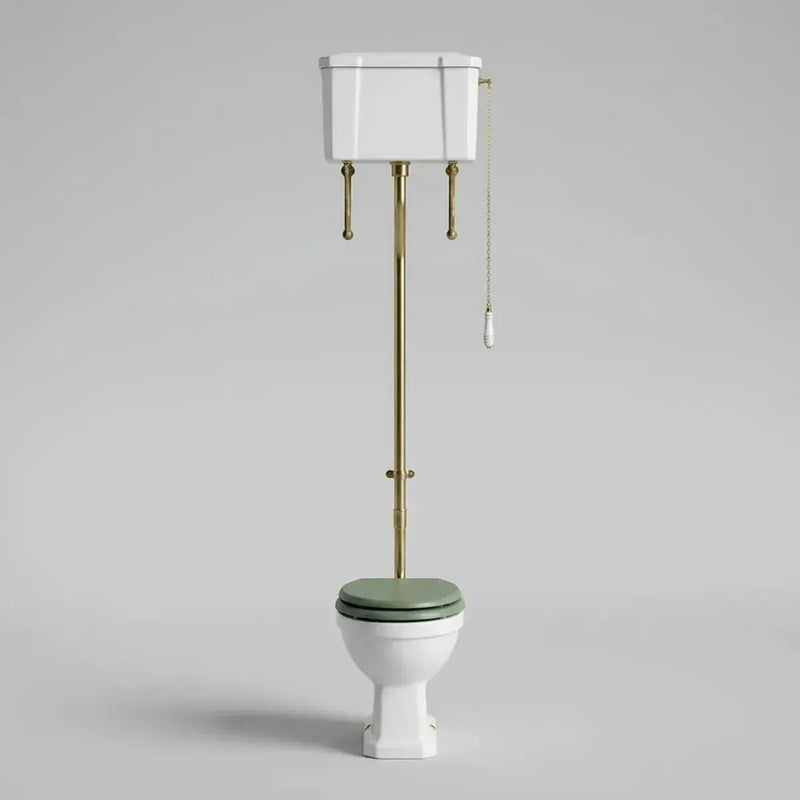 Victorian High Level Toilet with Pan, Brushed Brass Flushpipe, Cistern and Soft Close Seat - White Gloss