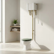 Victorian High Level Toilet with Pan, Brushed Brass Flushpipe, Cistern and Soft Close Seat - Sage Green