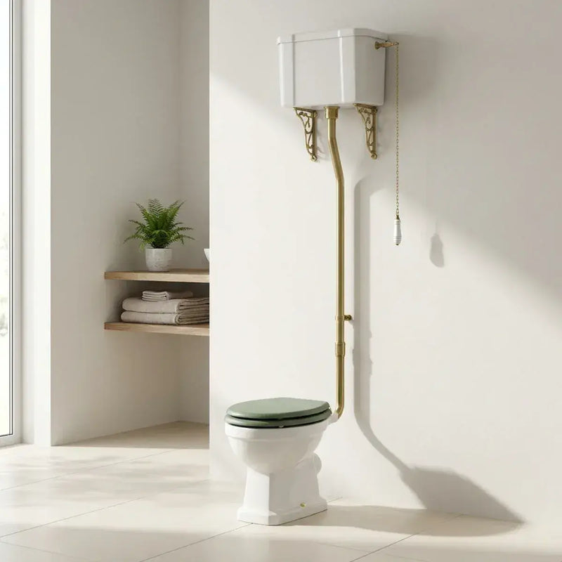 Victorian High Level Toilet with Pan, Brushed Brass Flushpipe, Cistern and Soft Close Seat - White Gloss