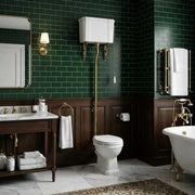 Victorian High Level Toilet with Pan, Brushed Brass Flushpipe, Cistern and Soft Close Seat - White Gloss