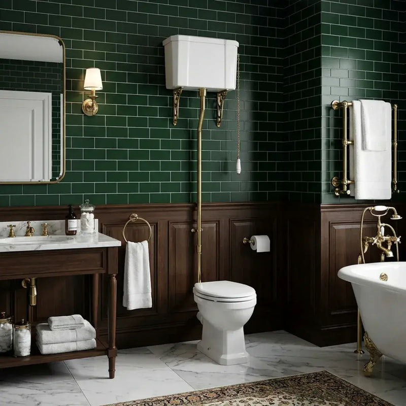 Victorian High Level Toilet with Pan, Brushed Brass Flushpipe, Cistern and Soft Close Seat - White Gloss