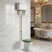 Victorian High Level Toilet with Pan, Brushed Brass Flushpipe, Cistern and Soft Close Seat - White Gloss