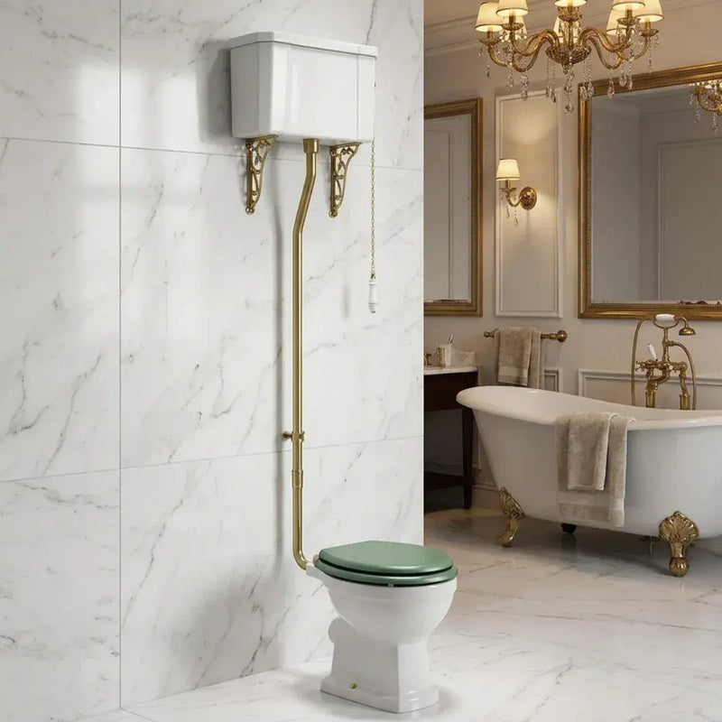 Victorian High Level Toilet with Pan, Brushed Brass Flushpipe, Cistern and Soft Close Seat - White Gloss