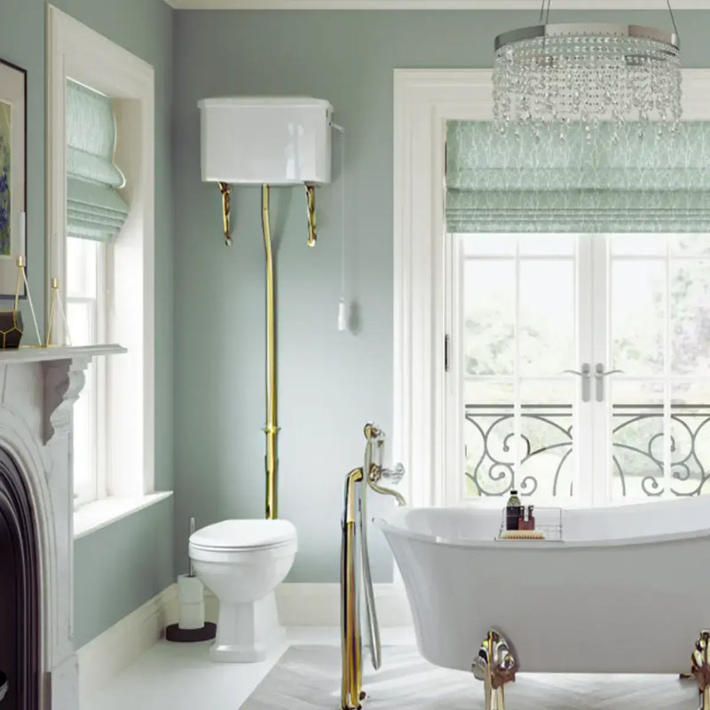 Victorian High Level Toilet with Pan, Brushed Brass Flushpipe, Cistern and Soft Close Seat - Sage Green
