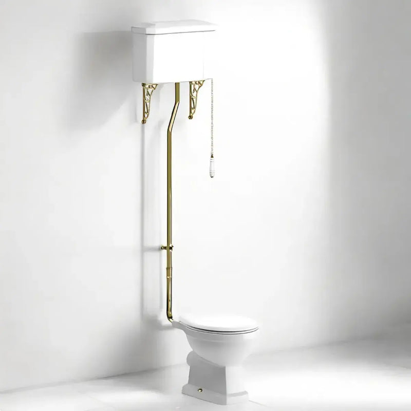 Victorian High Level Toilet with Pan, Brushed Brass Flushpipe, Cistern and Soft Close Seat - White Gloss