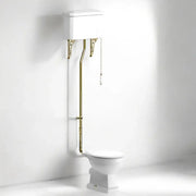 Victorian High Level Toilet with Pan, Brushed Brass Flushpipe, Cistern and Soft Close Seat - Sage Green