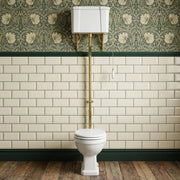 Victorian High Level Toilet with Pan, Brushed Brass Flushpipe, Cistern and Soft Close Seat - Sage Green