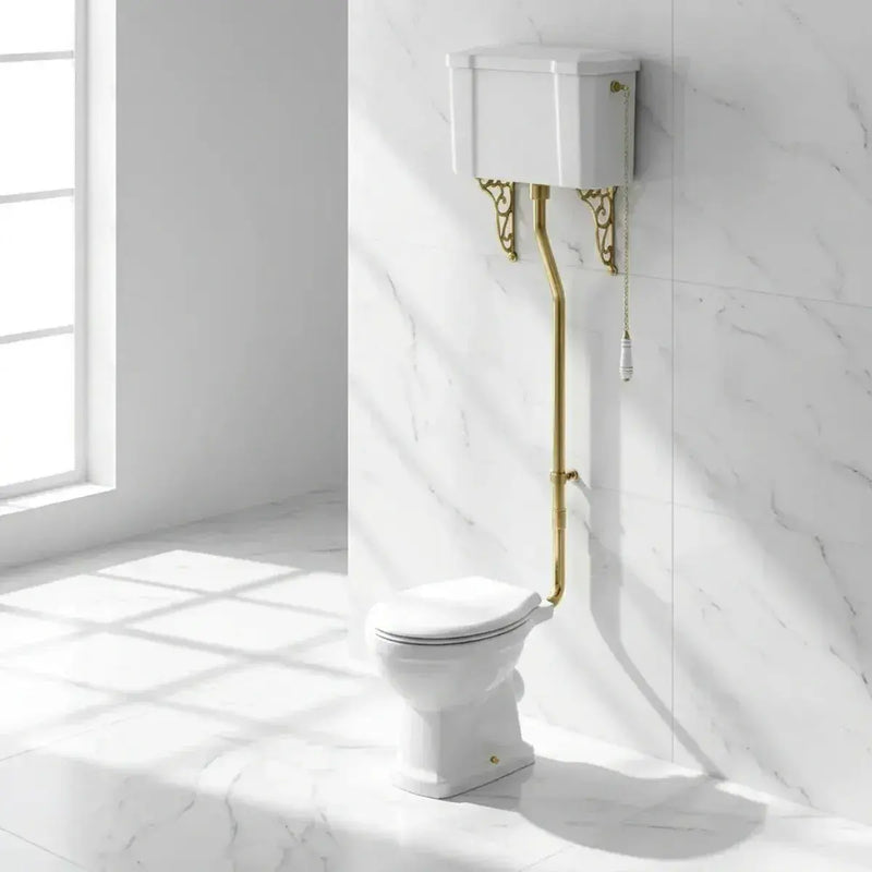 Victorian High Level Toilet with Pan, Brushed Brass Flushpipe, Cistern and Soft Close Seat - Sage Green