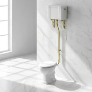 Victorian High Level Toilet with Pan, Brushed Brass Flushpipe, Cistern and Soft Close Seat - White Gloss