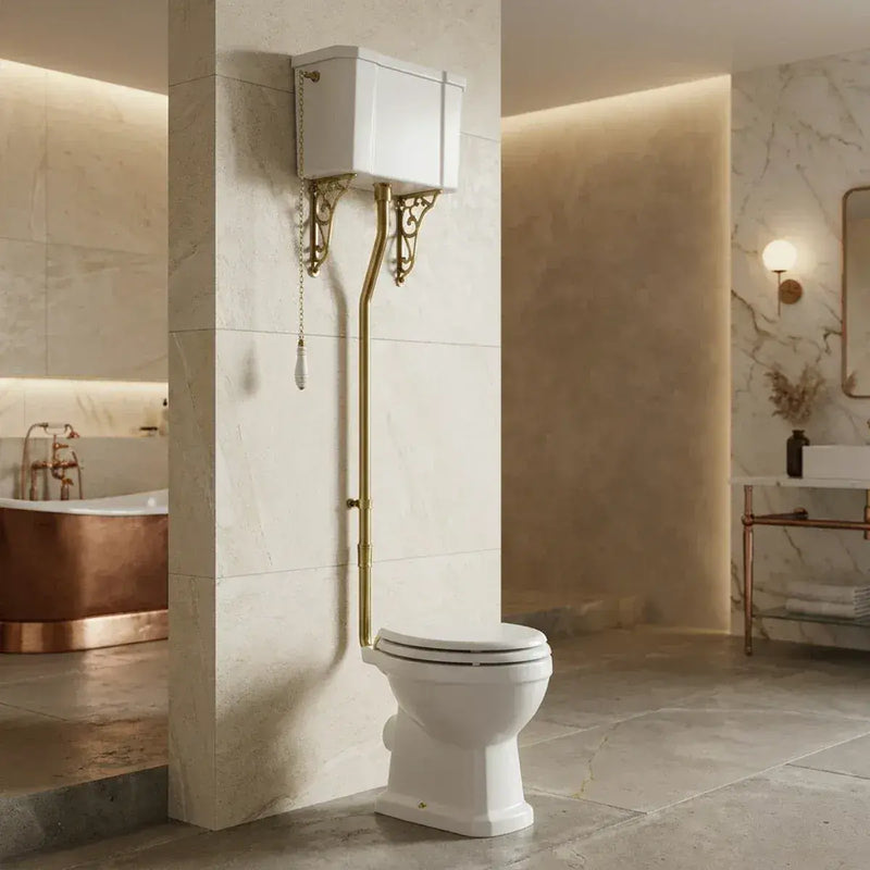 Victorian High Level Toilet with Pan, Brushed Brass Flushpipe, Cistern and Soft Close Seat - White Gloss