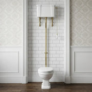 Victorian High Level Toilet with Pan, Brushed Brass Flushpipe, Cistern and Soft Close Seat - Satin White