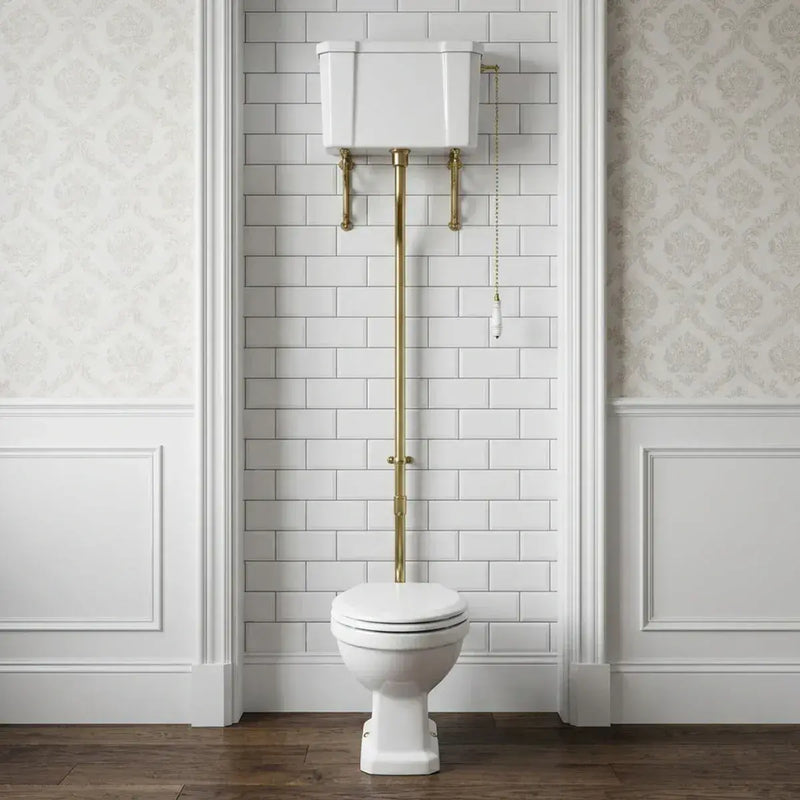 Victorian High Level Toilet with Pan, Brushed Brass Flushpipe, Cistern and Soft Close Seat - White Gloss