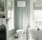 Victorian High Level Toilet with Pan, Chrome Flushpipe, Cistern and Soft Close Seat - Satin White