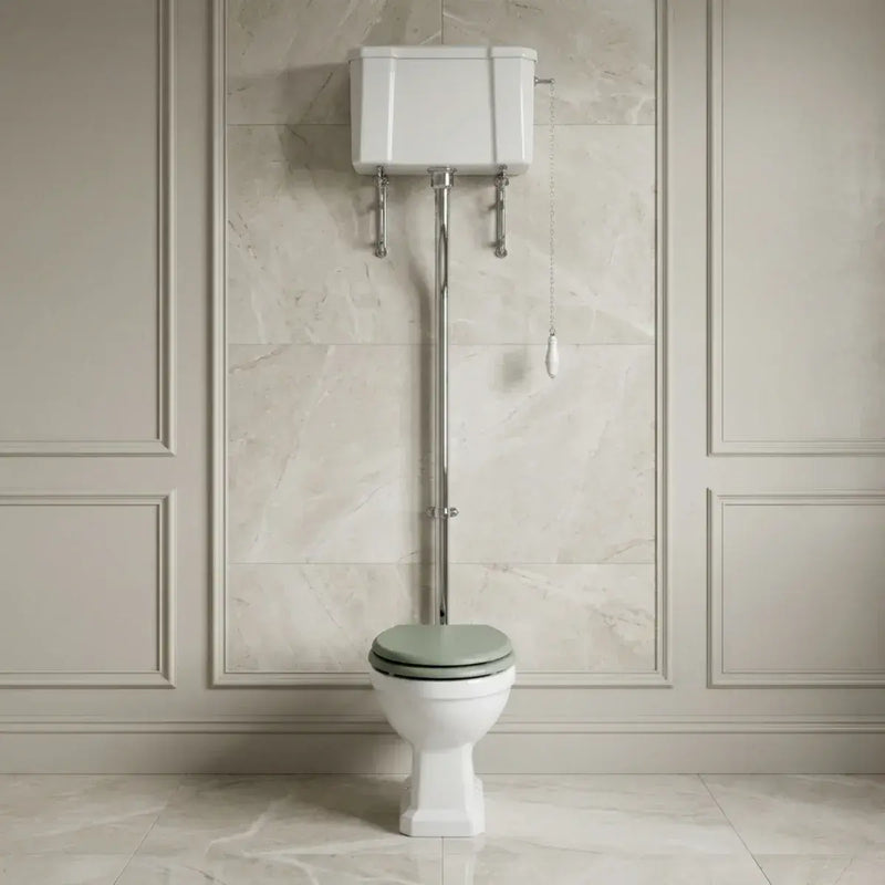 Victorian High Level Toilet with Pan, Chrome Flushpipe, Cistern and Soft Close Seat - White Gloss