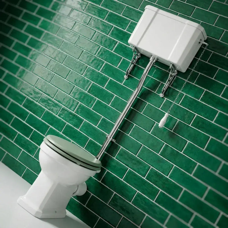 Victorian High Level Toilet with Pan, Chrome Flushpipe, Cistern and Soft Close Seat - White Gloss