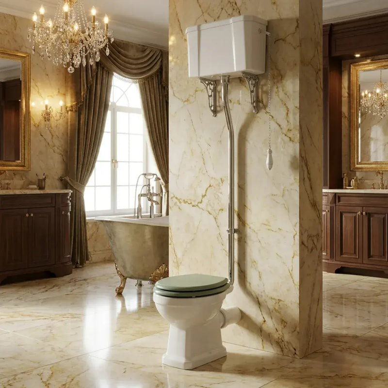 Victorian High Level Toilet with Pan, Chrome Flushpipe, Cistern and Soft Close Seat - Sage Green
