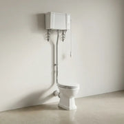 Victorian High Level Toilet with Pan, Chrome Flushpipe, Cistern and Soft Close Seat - White Gloss