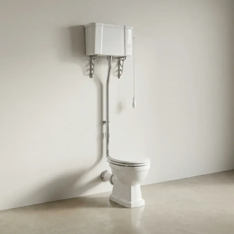 Victorian High Level Toilet with Pan, Chrome Flushpipe, Cistern and Soft Close Seat - White Gloss