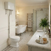 Victorian High Level Toilet with Pan, Chrome Flushpipe, Cistern and Soft Close Seat - Satin White