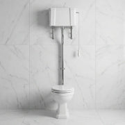 Victorian High Level Toilet with Pan, Chrome Flushpipe, Cistern and Soft Close Seat - White Gloss