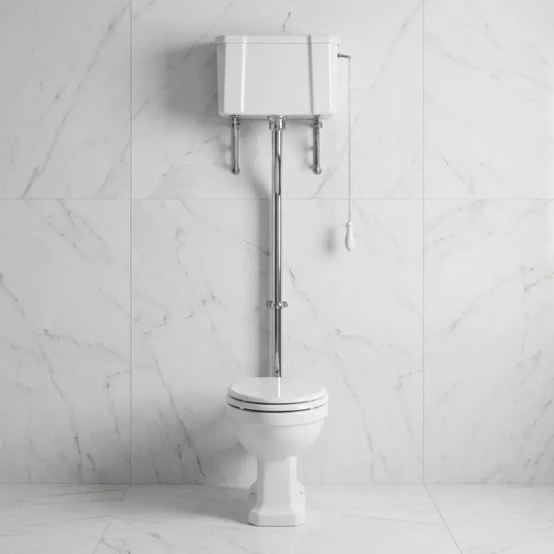Victorian High Level Toilet with Pan, Chrome Flushpipe, Cistern and Soft Close Seat - Satin White