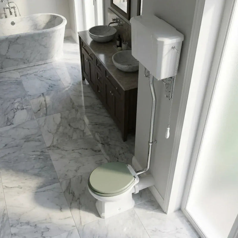 Victorian High Level Toilet with Pan, Chrome Flushpipe, Cistern and Soft Close Seat - White Gloss