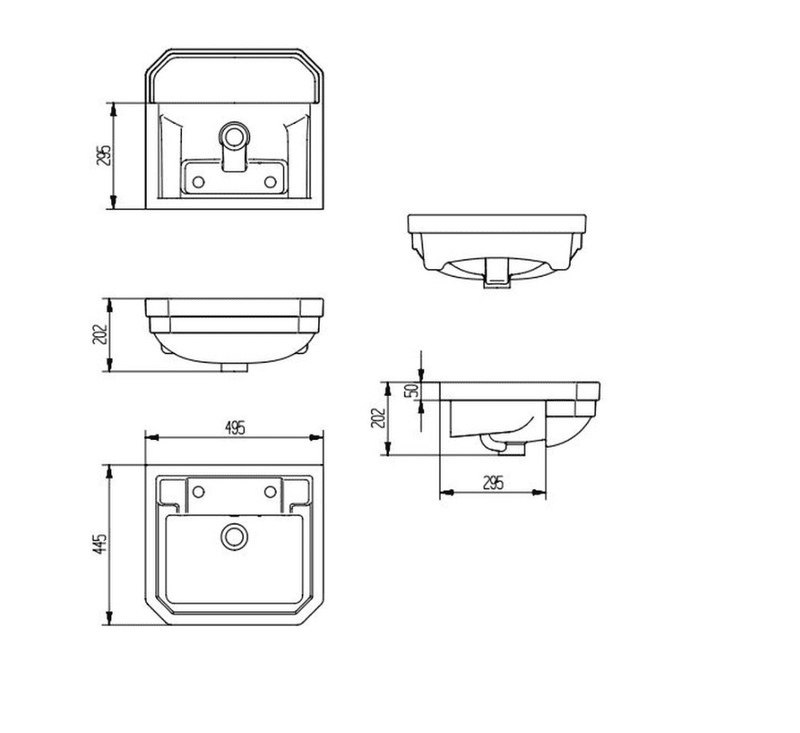 Victorian Style 495 x 455mm Semi Recessed Basin, 2 Tap Holes