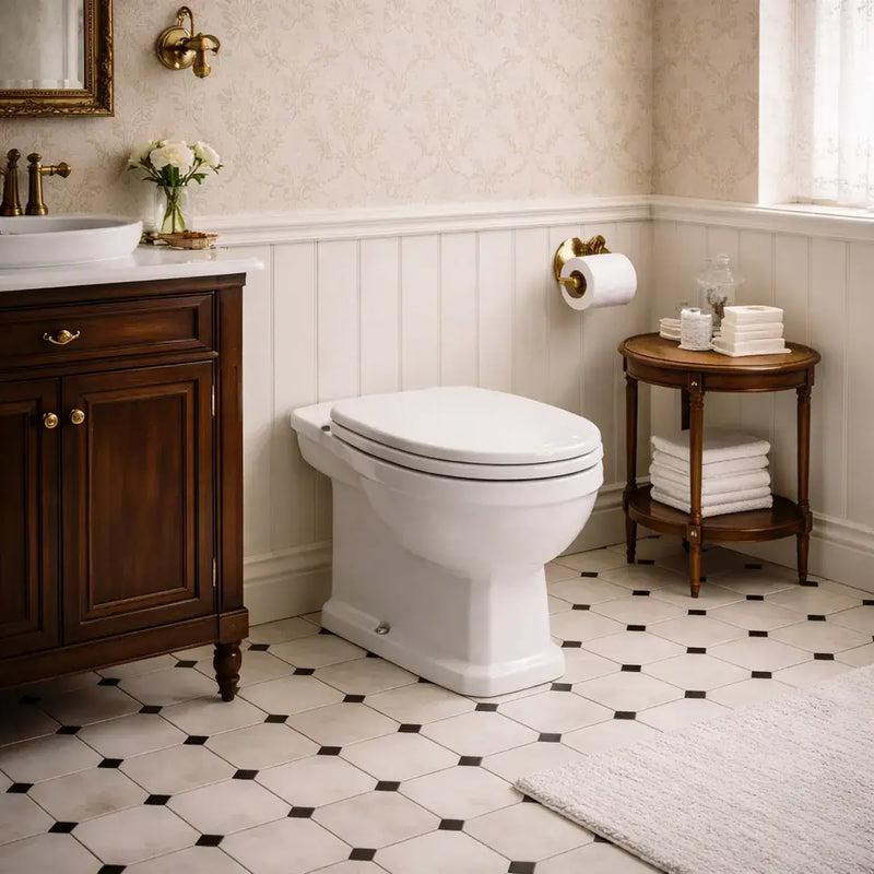 Victorian Style Back To Wall Toilet With Satin White Soft Close Seat