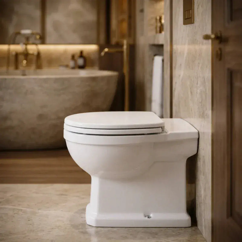 Victorian Style Back To Wall Toilet With Satin White Soft Close Seat