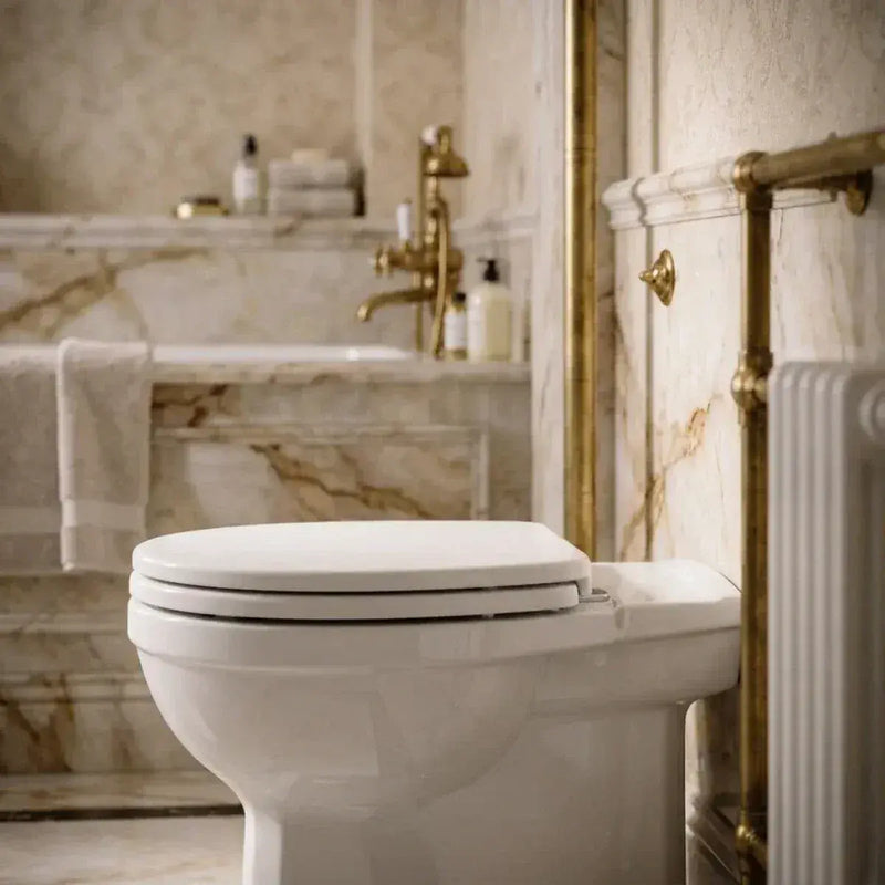 Victorian Style Back To Wall Toilet With Satin White Soft Close Seat