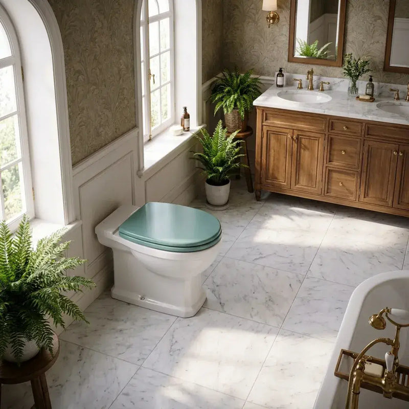 Victorian Style Back To Wall Toilet With Sea Green Soft Close Seat