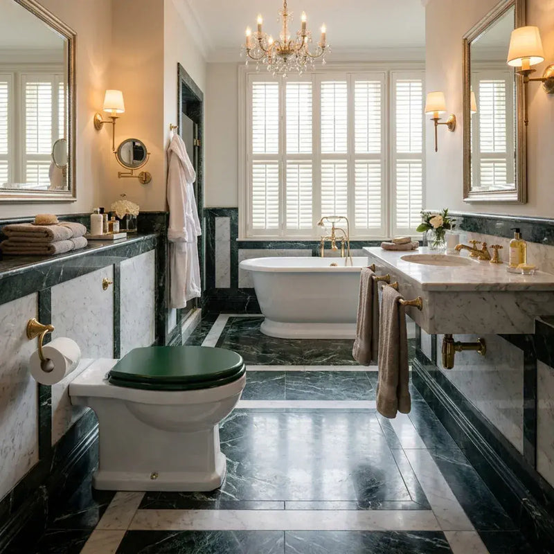 Victorian Style Back To Wall Toilet With Sea Green Soft Close Seat