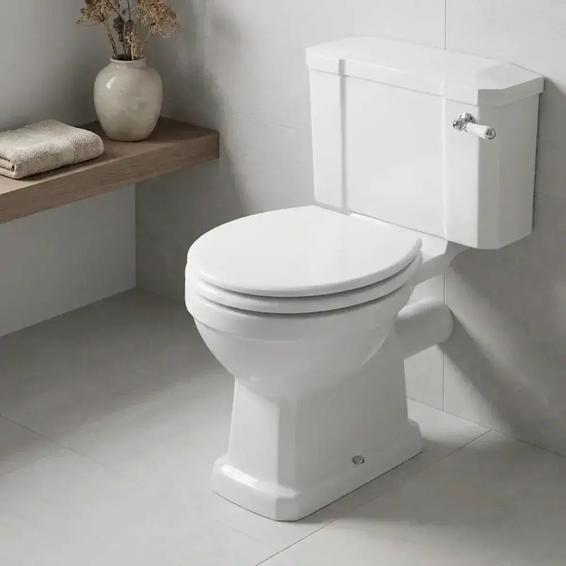 Victorian Style Close Coupled Toilet With White Soft Close Seat, Brass or Chrome Handle