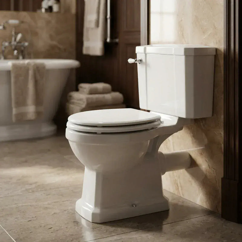 Victorian Style Close Coupled Toilet With White Soft Close Seat, Brass or Chrome Handle