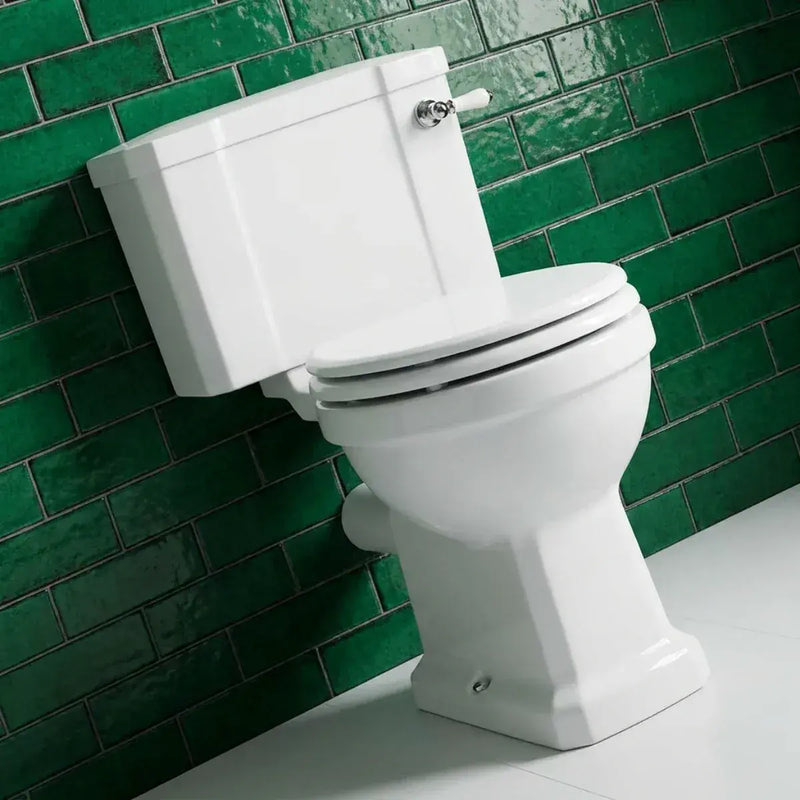 Victorian Style Close Coupled Toilet With White Soft Close Seat, Brass or Chrome Handle