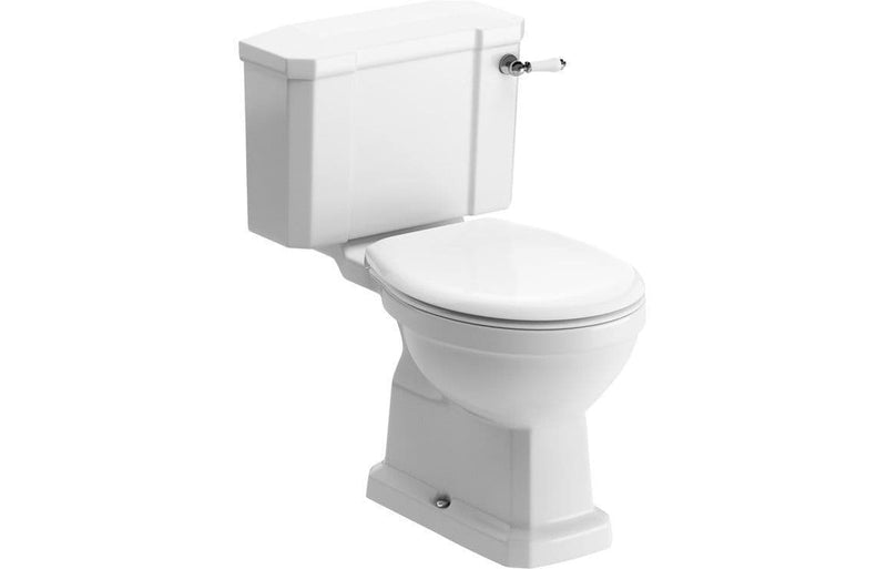 Victorian Style Close Coupled Toilet With White Soft Close Seat, Brass or Chrome Handle