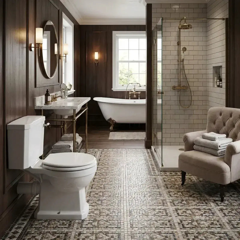Victorian Style Close Coupled Toilet With White Soft Close Seat, Brass or Chrome Handle