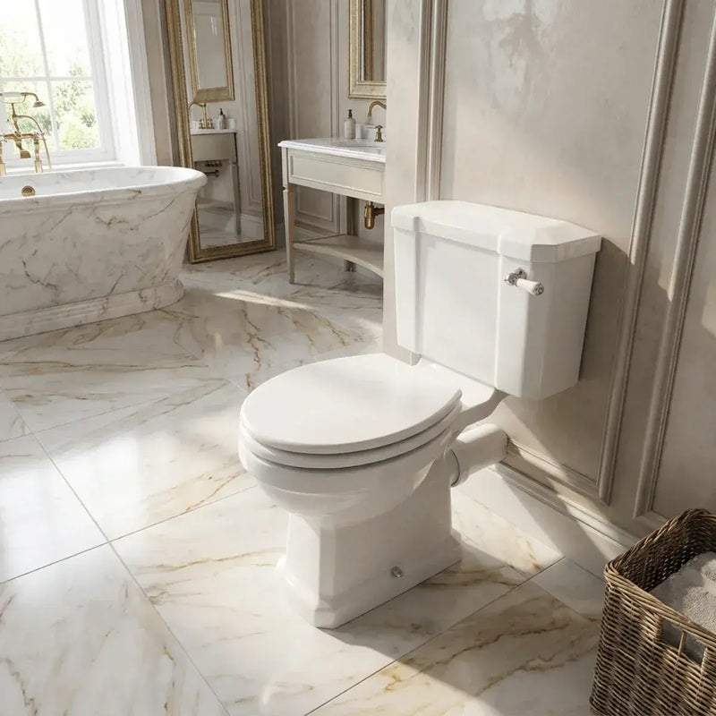 Victorian Style Close Coupled Toilet With White Soft Close Seat, Brass or Chrome Handle