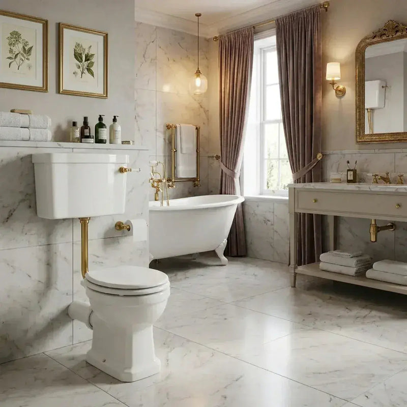 Victorian Style Low Level Toilet, White Soft Close Seat, Brass Flushpipe and Lever Handle