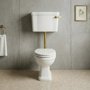 Victorian Style Low Level Toilet, White Soft Close Seat, Brass Flushpipe and Lever Handle