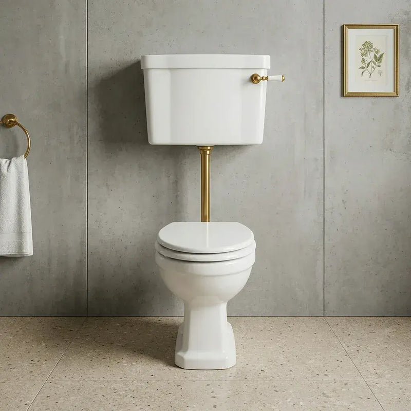 Victorian Style Low Level Toilet, White Soft Close Seat, Brass Flushpipe and Lever Handle